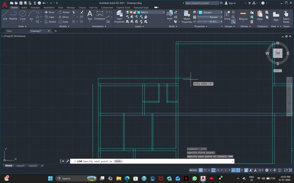 AutoCAD drafting a dimensioned guest house floor plan